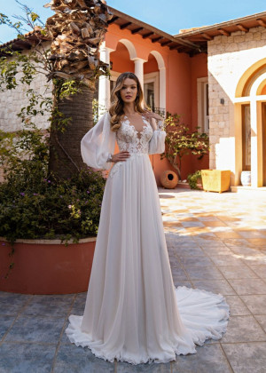 Beaded Long Sleeve Ivory Lace Chiffon Boho Wedding Dress